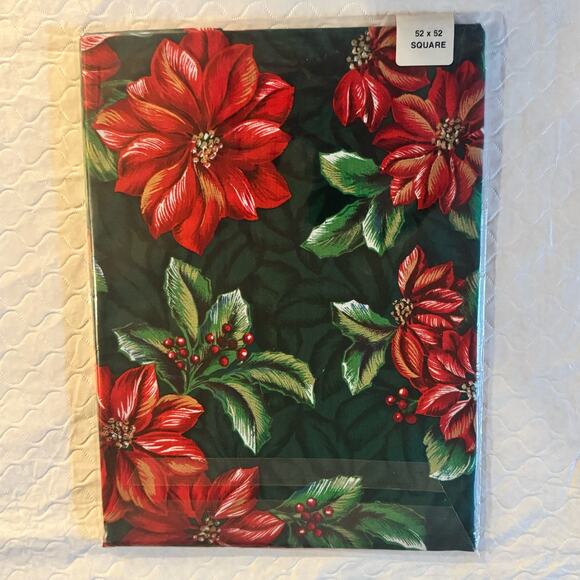 NOS Sealed Vintage Christmas Vinyl Tablecloth Square 52" x 52" Poinsettia Holly - Picture 2 of 5